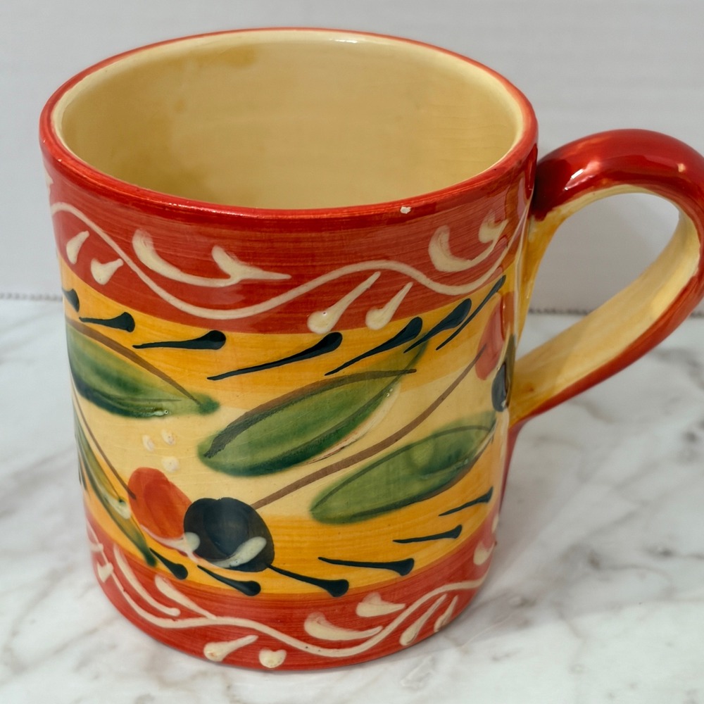Pier 1 Imports Hand Painted Olive Mug Spain Mediterranean Ceramic Red Yellow